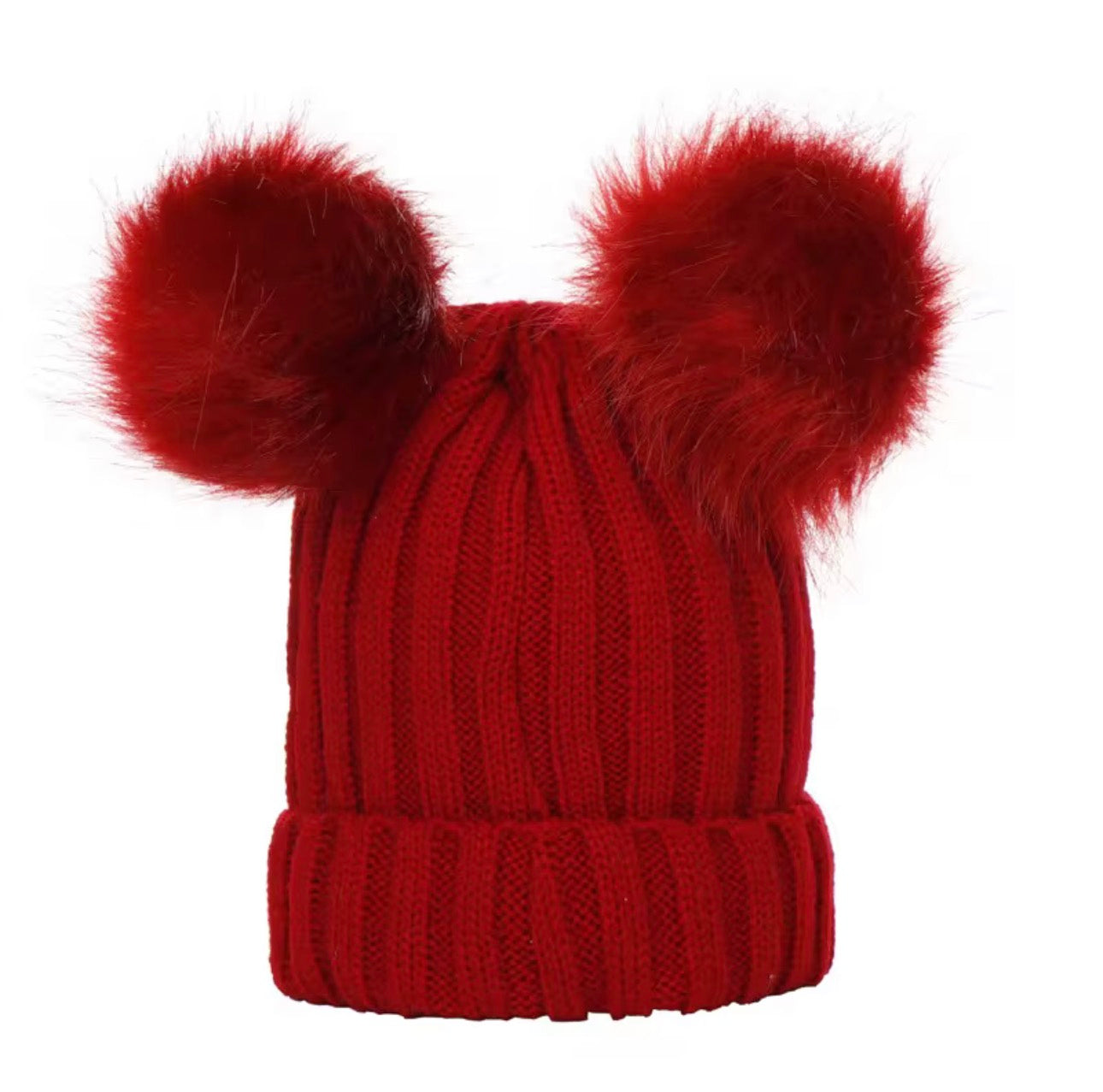 Knitted hat for children vegan double fur Pom Pom bobble hat ages 6 months- 2 years