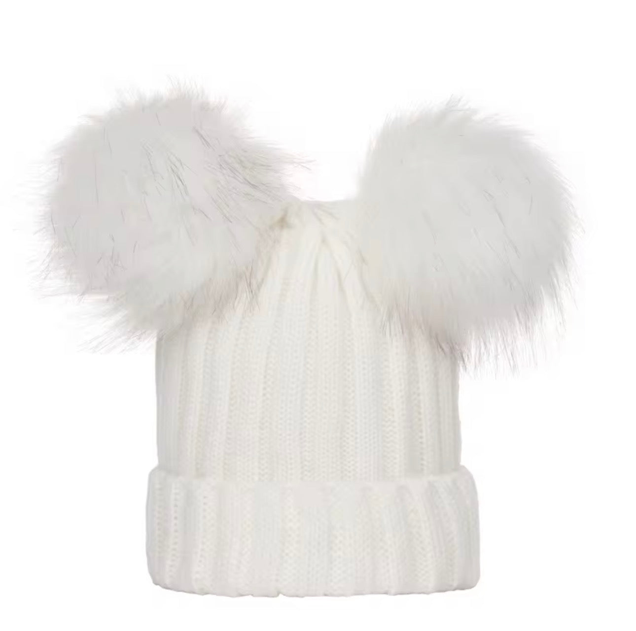 Knitted hat for children vegan double fur Pom Pom bobble hat ages 6 months- 2 years