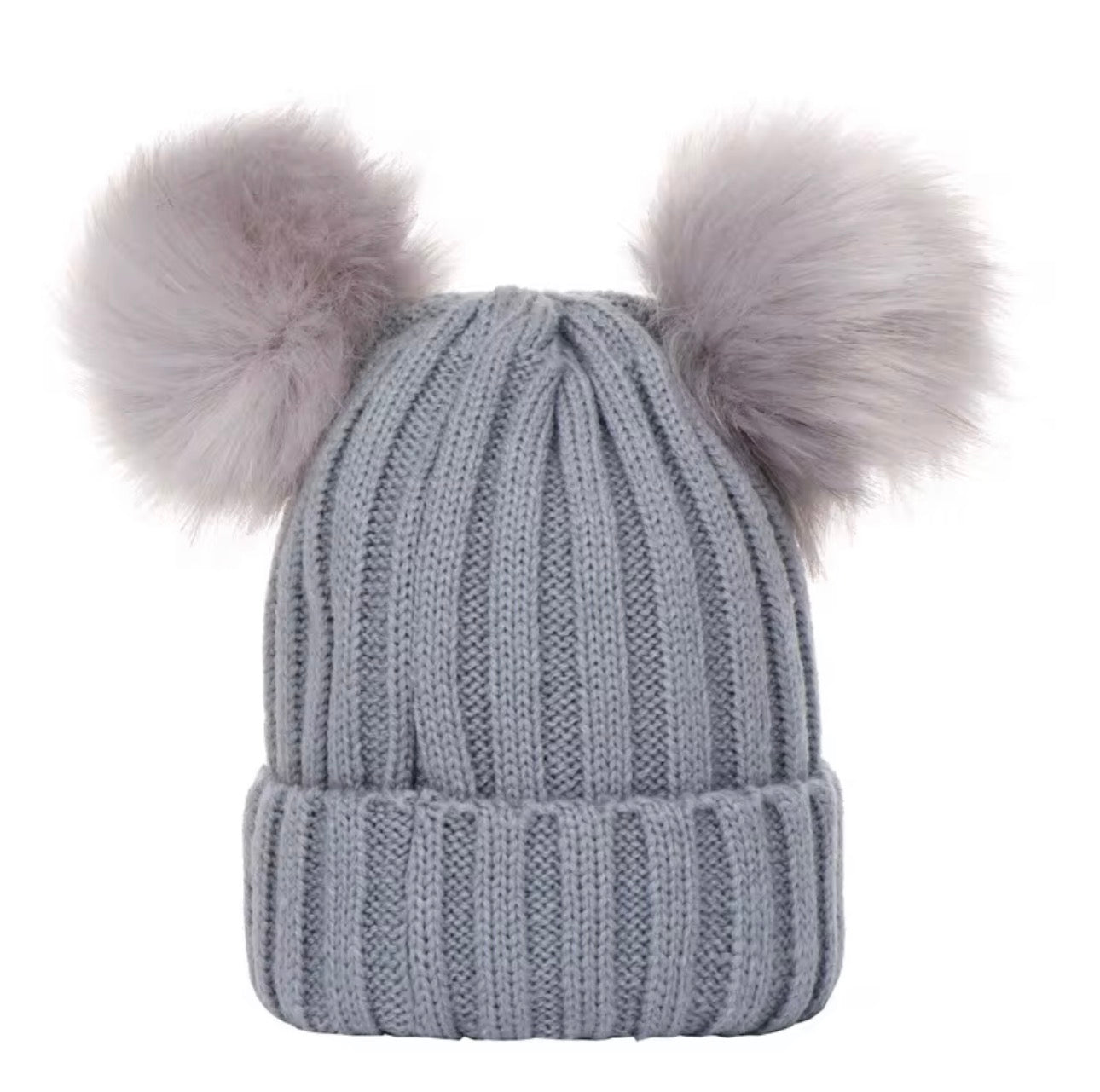 Knitted hat for children vegan double fur Pom Pom bobble hat ages 6 months- 2 years