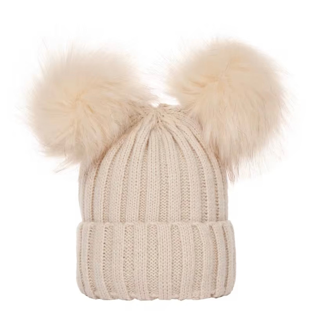 Knitted hat for children vegan double fur Pom Pom bobble hat ages 6 months- 2 years