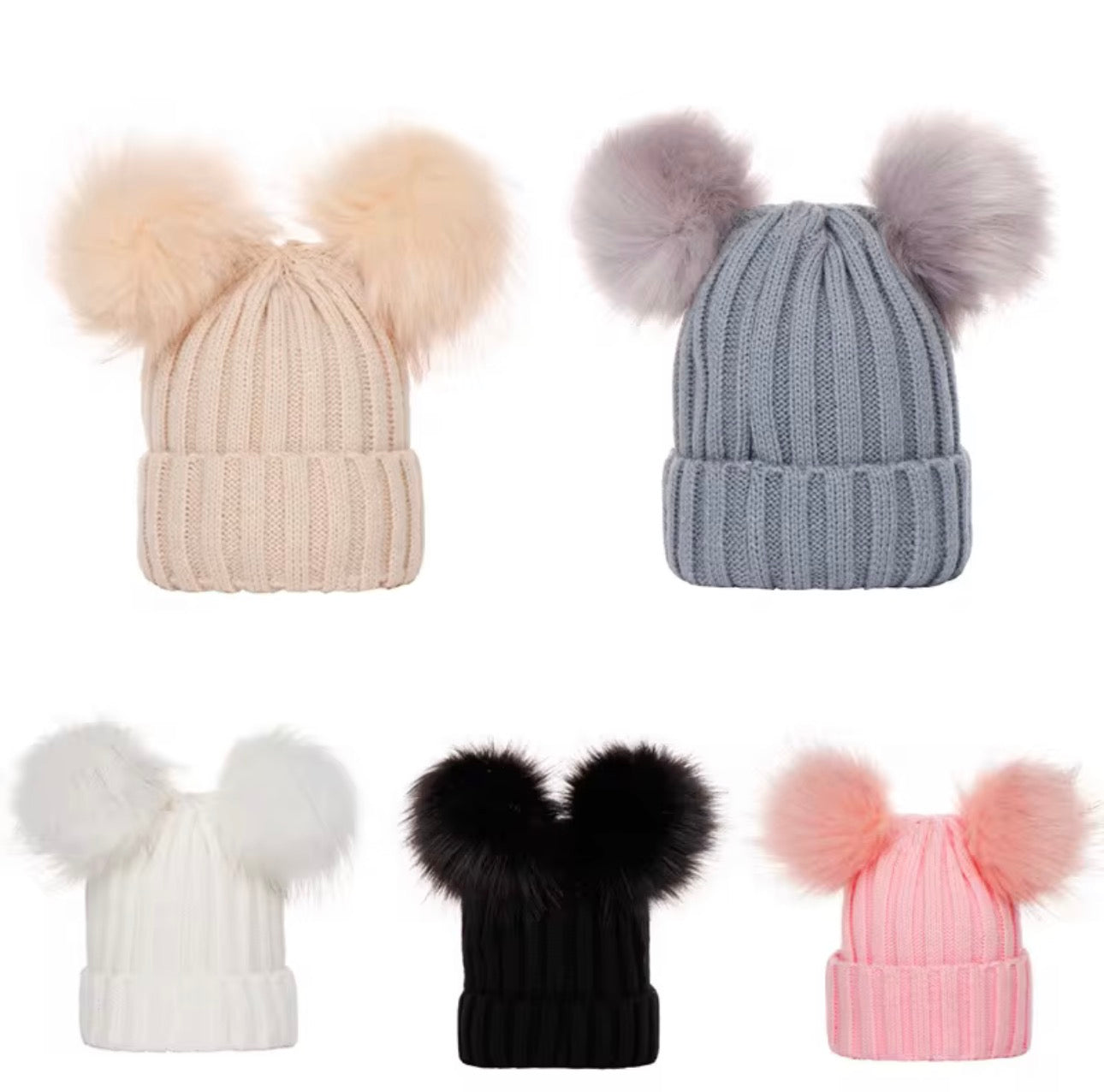 Knitted hat for children vegan double fur Pom Pom bobble hat ages 6 months- 2 years