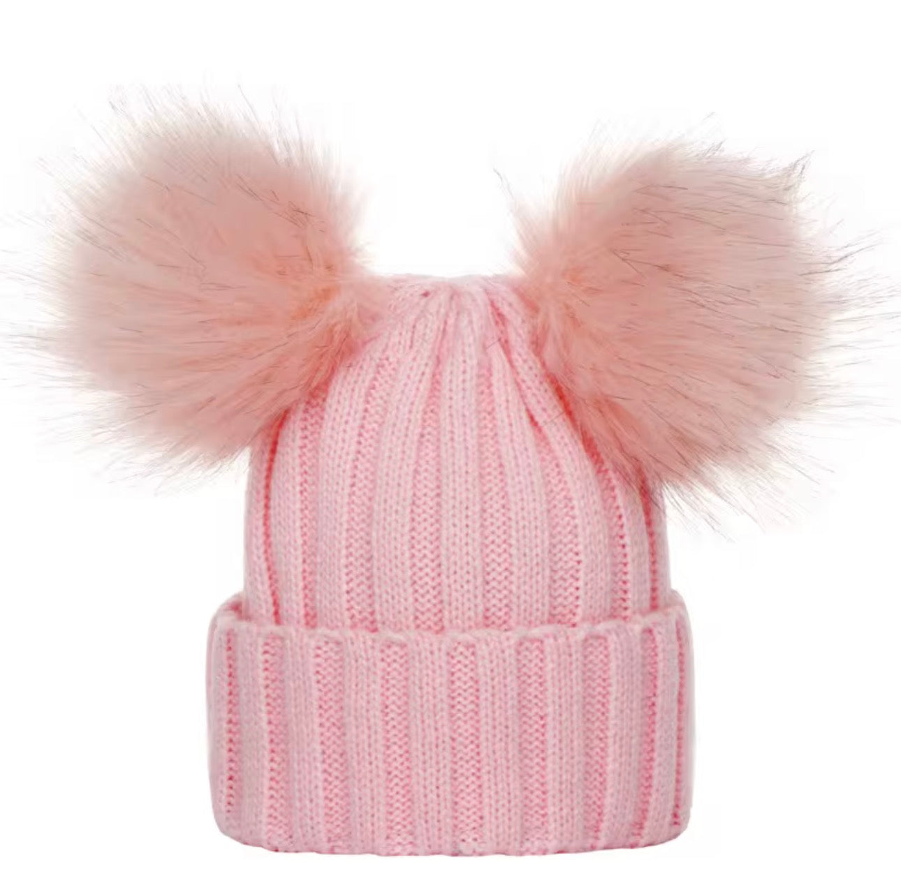 Knitted hat for children vegan double fur Pom Pom bobble hat ages 6 months- 2 years