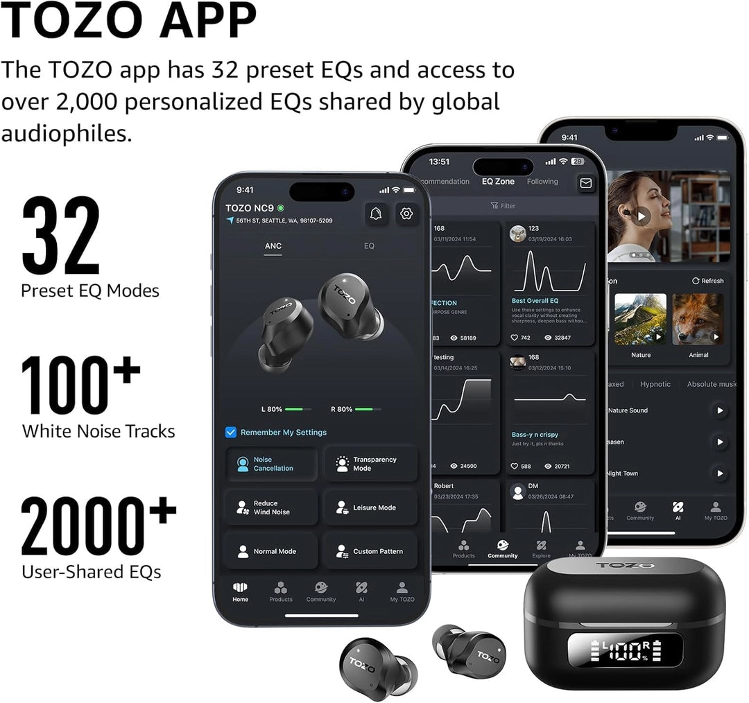 TOZO NC9 Hybrid Active Noise Cancelling Earbuds, 45dB ANC Wireless Earbuds, 6-Mic ENC for Clear Calls, Deep Bass, 59H Playtime, IPX8 Waterproof, Bluetooth 5.3 Ear Buds with App for Custom EQ