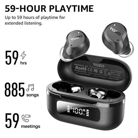 TOZO NC9 Hybrid Active Noise Cancelling Earbuds, 45dB ANC Wireless Earbuds, 6-Mic ENC for Clear Calls, Deep Bass, 59H Playtime, IPX8 Waterproof, Bluetooth 5.3 Ear Buds with App for Custom EQ