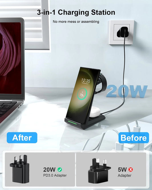 Wireless Charging Station for Samsung - NANAMI 3 in 1 Wireless Charger for S25 Ultra S24 S23 Z Fold Flip 5, Induction Charging Stand for Multiple Devices Galaxy Buds Watch 7/6[Only for Samsung Watch]