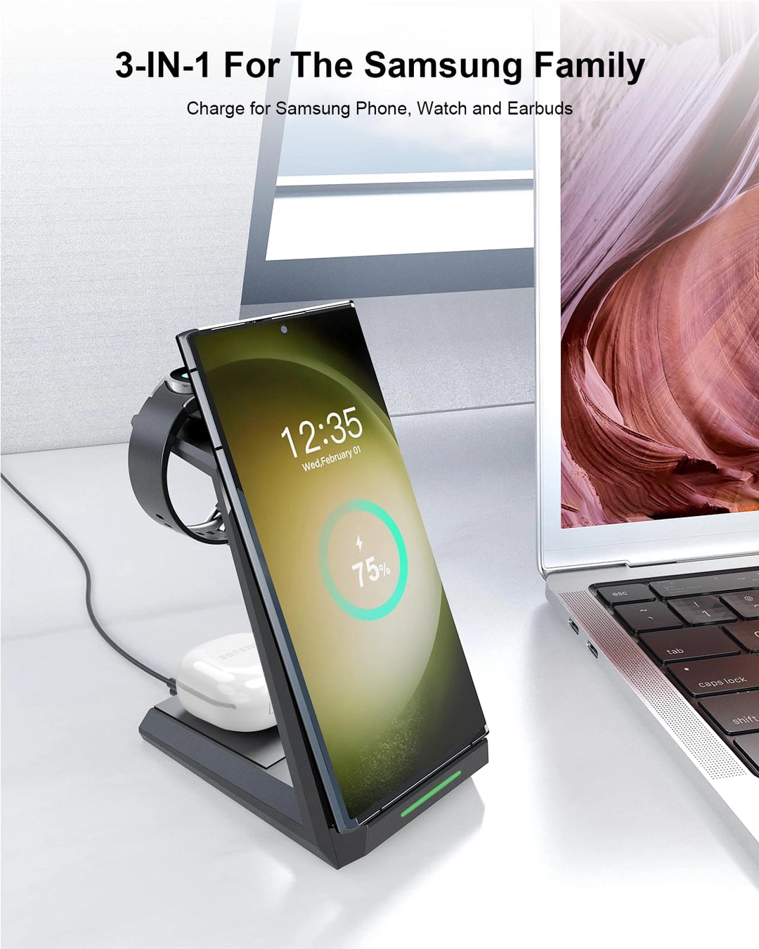 Wireless Charging Station for Samsung - NANAMI 3 in 1 Wireless Charger for S25 Ultra S24 S23 Z Fold Flip 5, Induction Charging Stand for Multiple Devices Galaxy Buds Watch 7/6[Only for Samsung Watch]